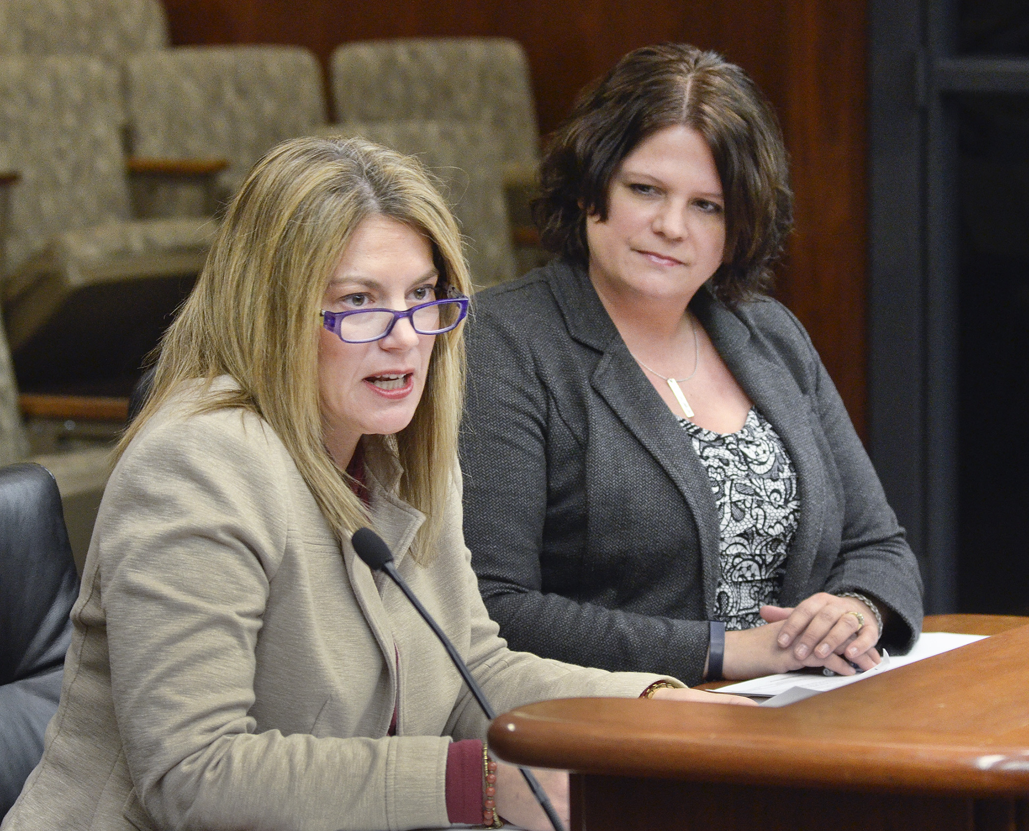 Heidi Haley-Franklin, vice president of clinical services for the Minnesota-North Dakota Chapter of the Alzheimer’s Association, testifies for a bill sponsored by Rep. Cheryl Youakim, right, to establish a Silver Alert system. Photo by Andrew VonBank